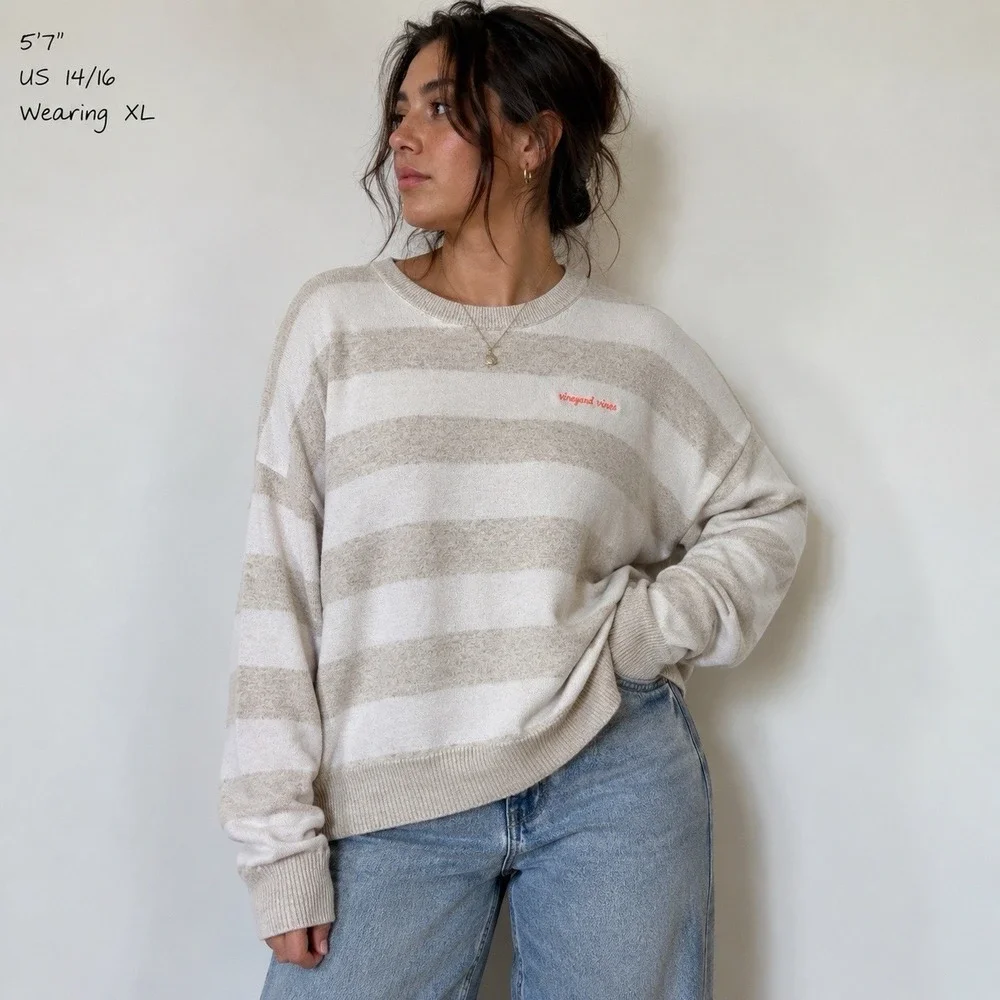 Vineyard Vines Women's XL Striped Crewneck Sweater Beige White Cotton Blend - Picture 1 of 8